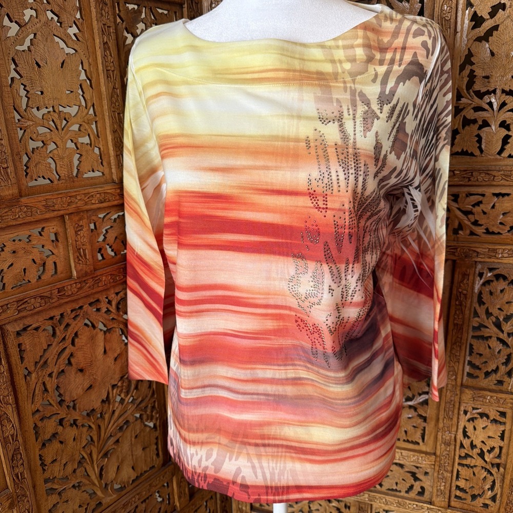 Chicos Top Shirt Womens Sz 1 Medium Orange Yellow Embellished Sunset Rhinestone